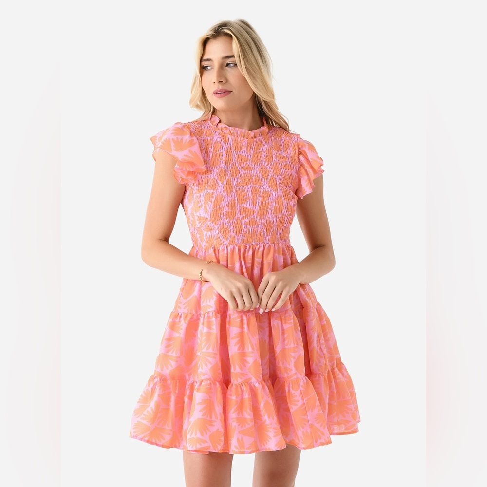 J. Marie Smocked Tiered Mini Dress in Coral Pink NWOT